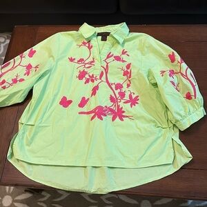 Lime Green Lightweight Blouse. Pink embroidery. Popover. Large. Cotton.